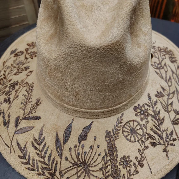 Floral Hand Burned Tan Hat - Picture 1 of 4